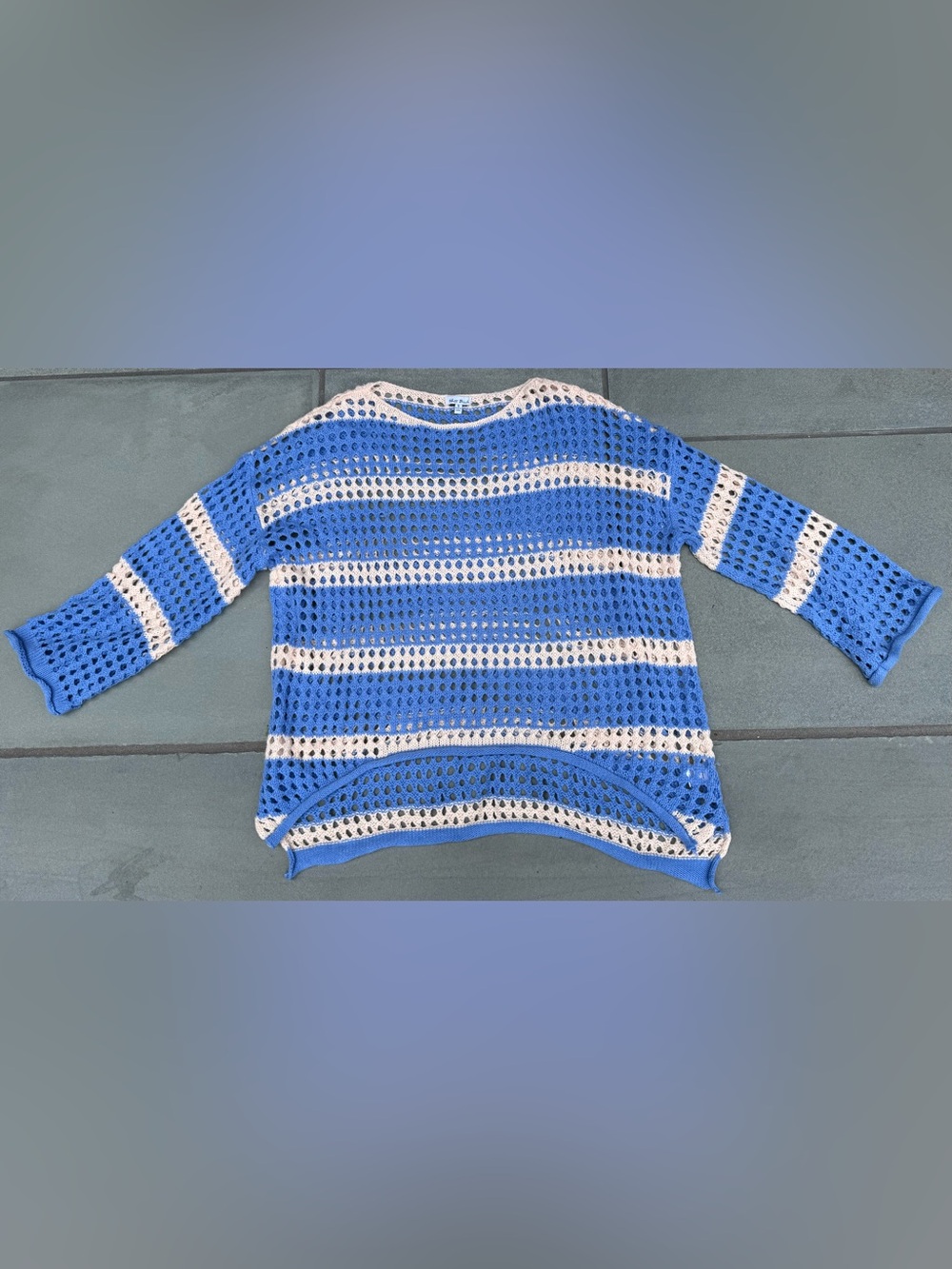 White Birch Blue Beige Open Knit Crochet Sweater Cover Up Size S Small Boho